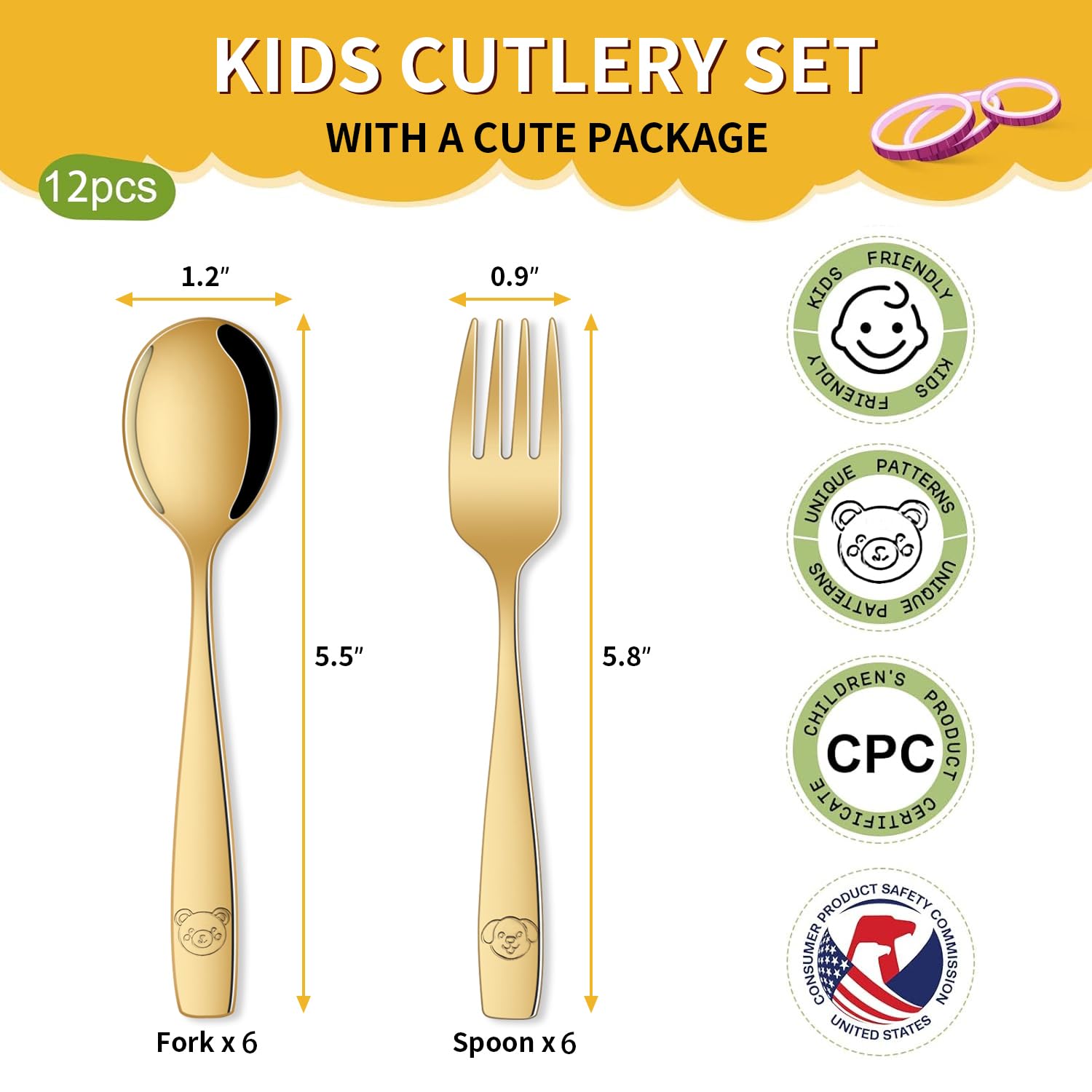 DEHOV Gold toddler utensils set spoons showcase kid-sized design for independent meals.