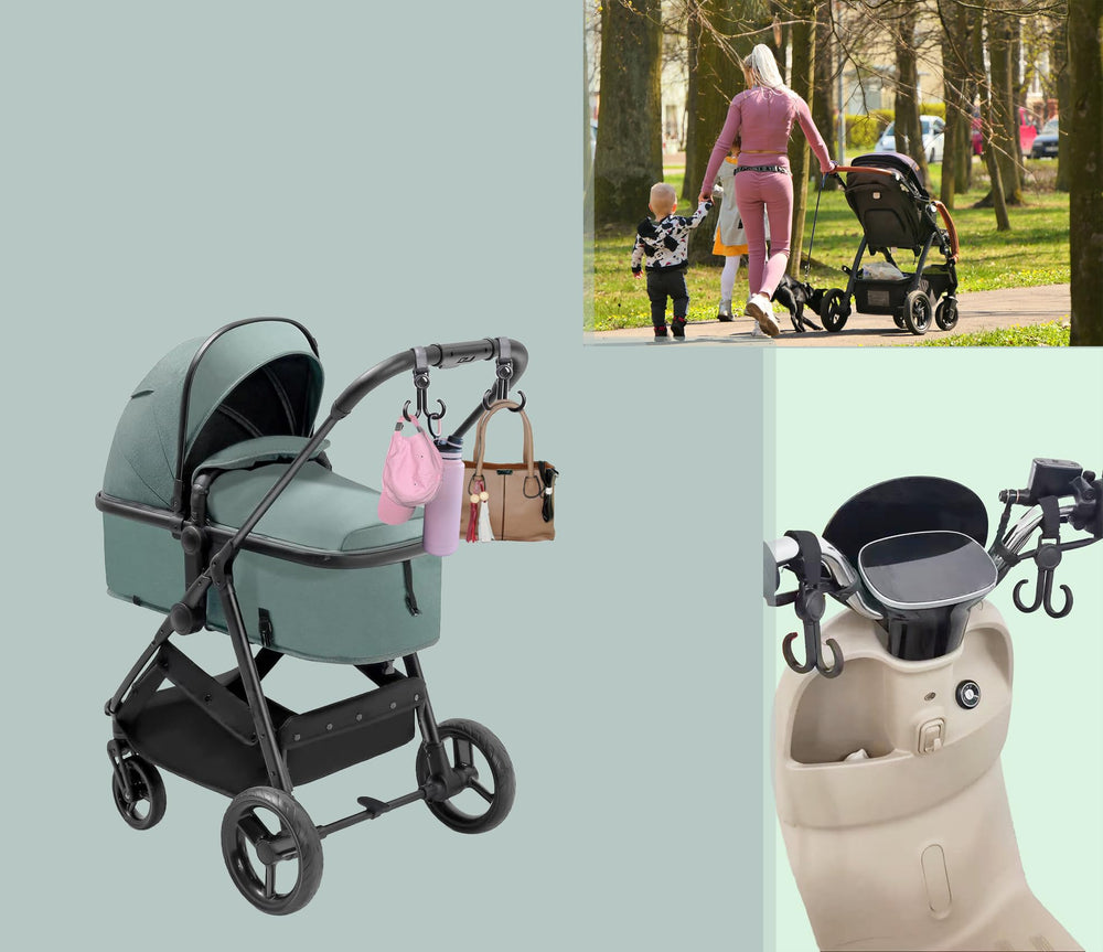 DEIHAALEN organizer hook in use on stroller reduces clutter during outings.