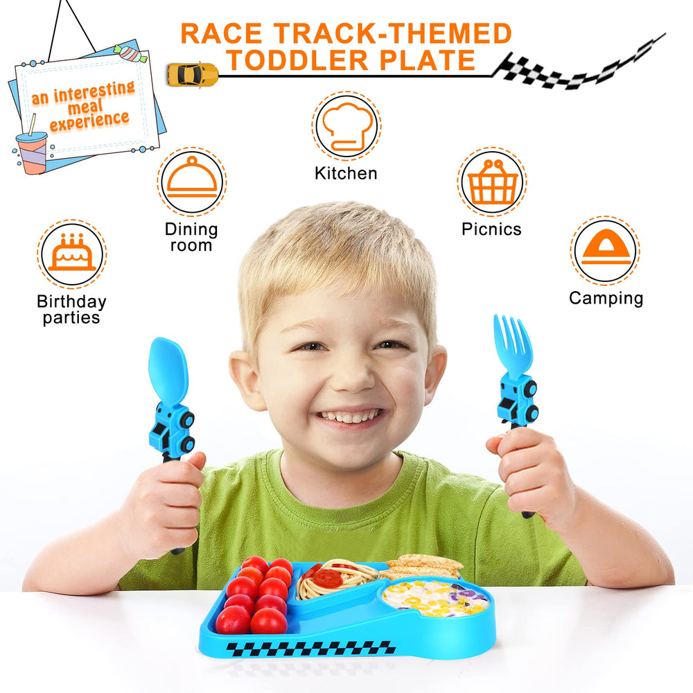 Deinyi construction toddler plate pair-of-utensils supports independent eating and imaginative play.