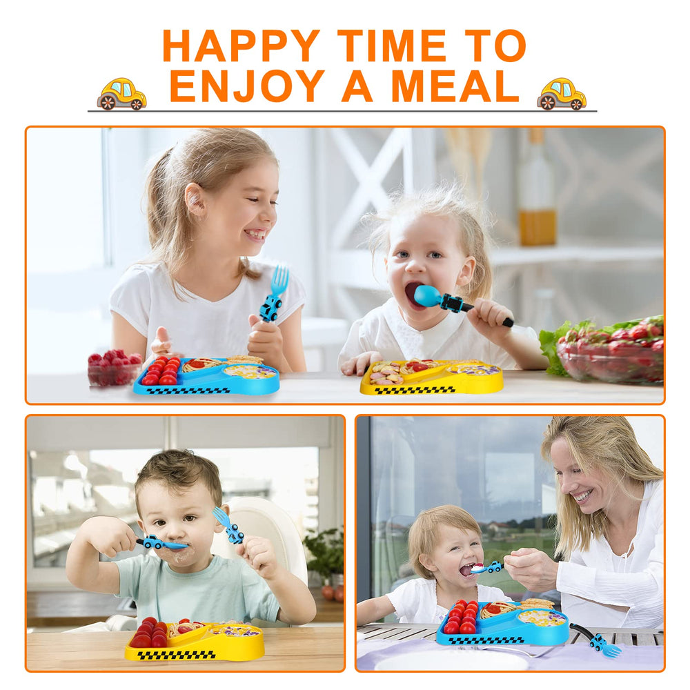 Deinyi construction toddler utensils blue kid holding demonstrates confident, self-reliant meals.
