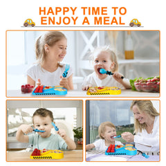 Deinyi construction toddler utensils blue kid holding demonstrates confident, self-reliant meals.