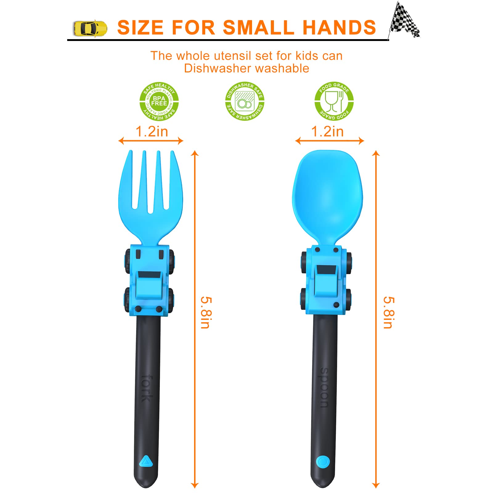 Deinyi construction toddler utensils blue package highlights dishwasher-safe, durable design.
