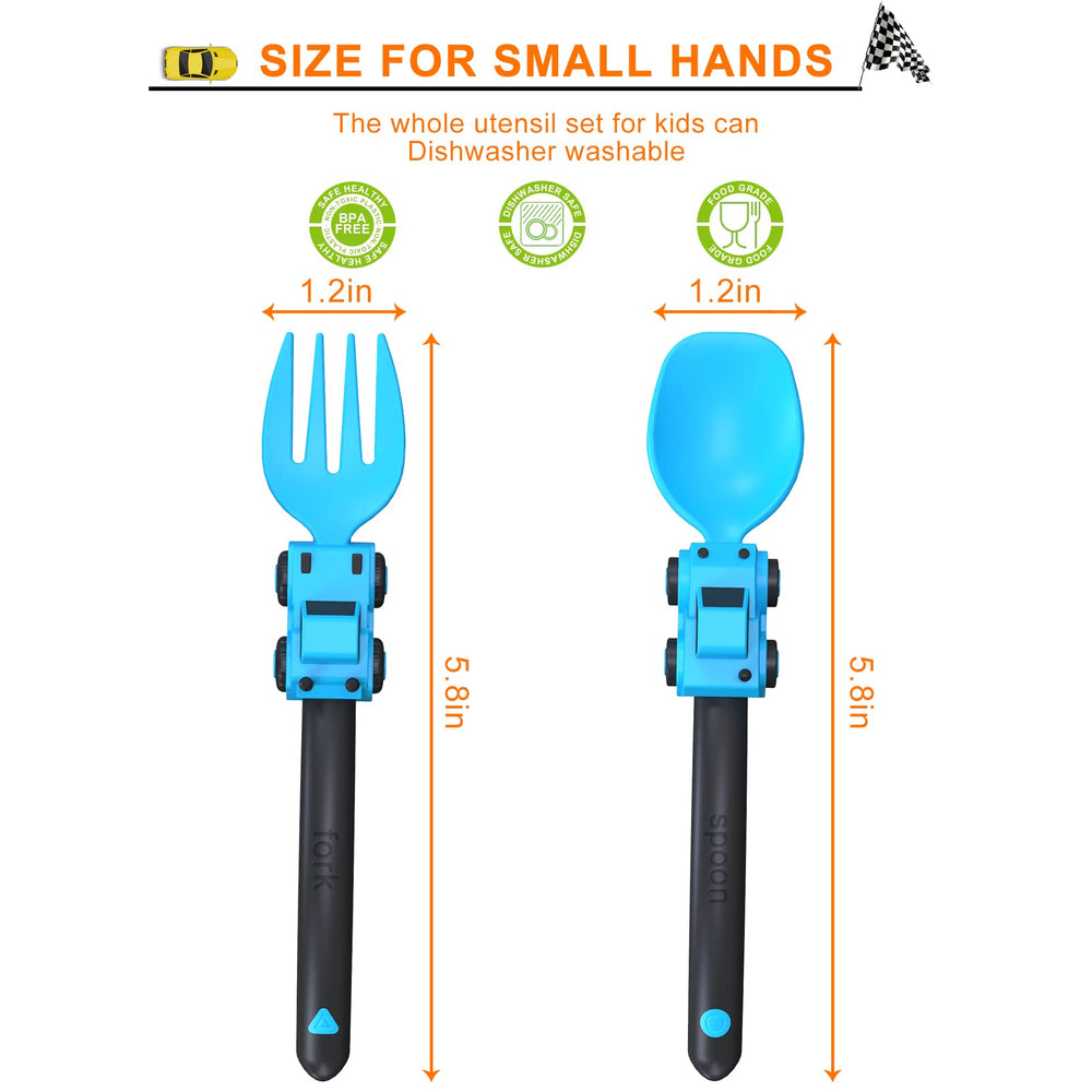 Deinyi construction toddler utensils blue package highlights dishwasher-safe, durable design.