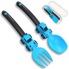 Deinyi construction toddler utensils blue spoon designed for easy grip and independent eating.