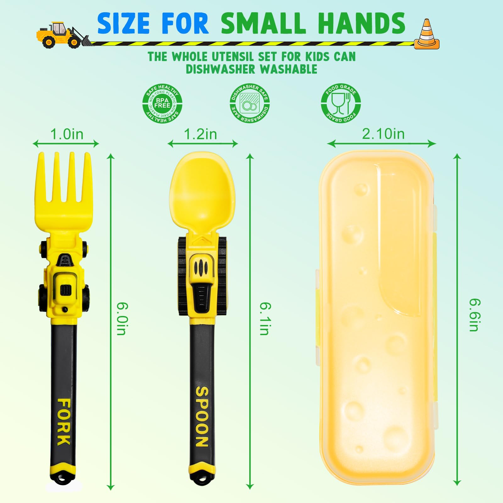 Deinyi Construction Toddler Utensils BPA-free durable plastic ensures safe reuse and dishwasher cleaning.