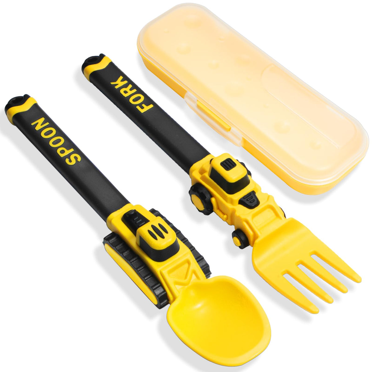 Deinyi Construction Toddler Utensils packaged case offers portable storage for gifting and on-the-go meals.