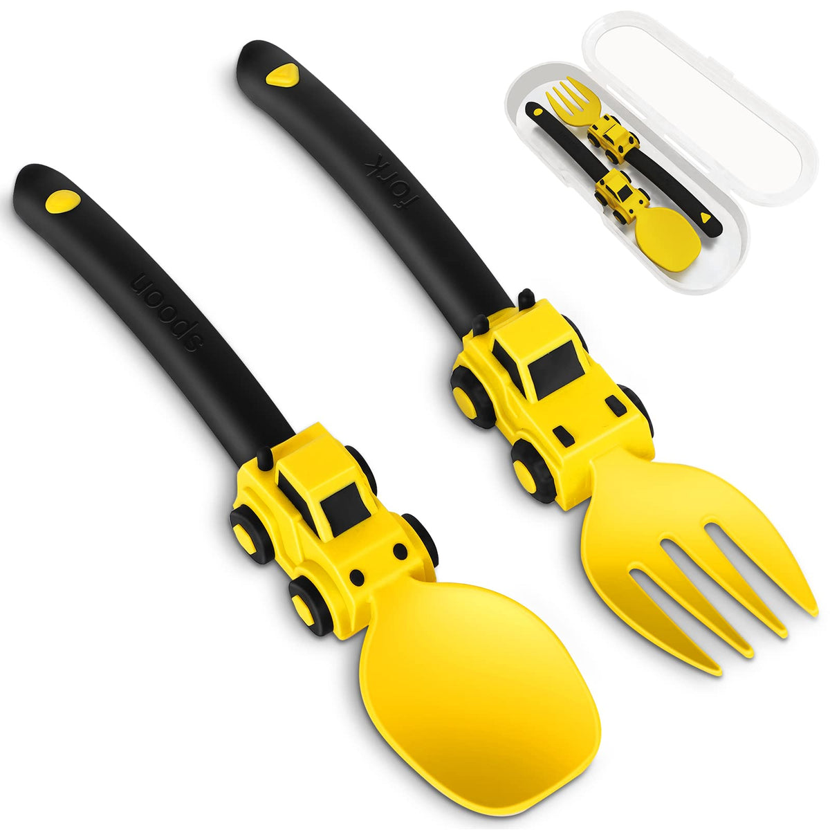 Deinyi Construction toddler utensils yellow set for easy meals and independent feeding.