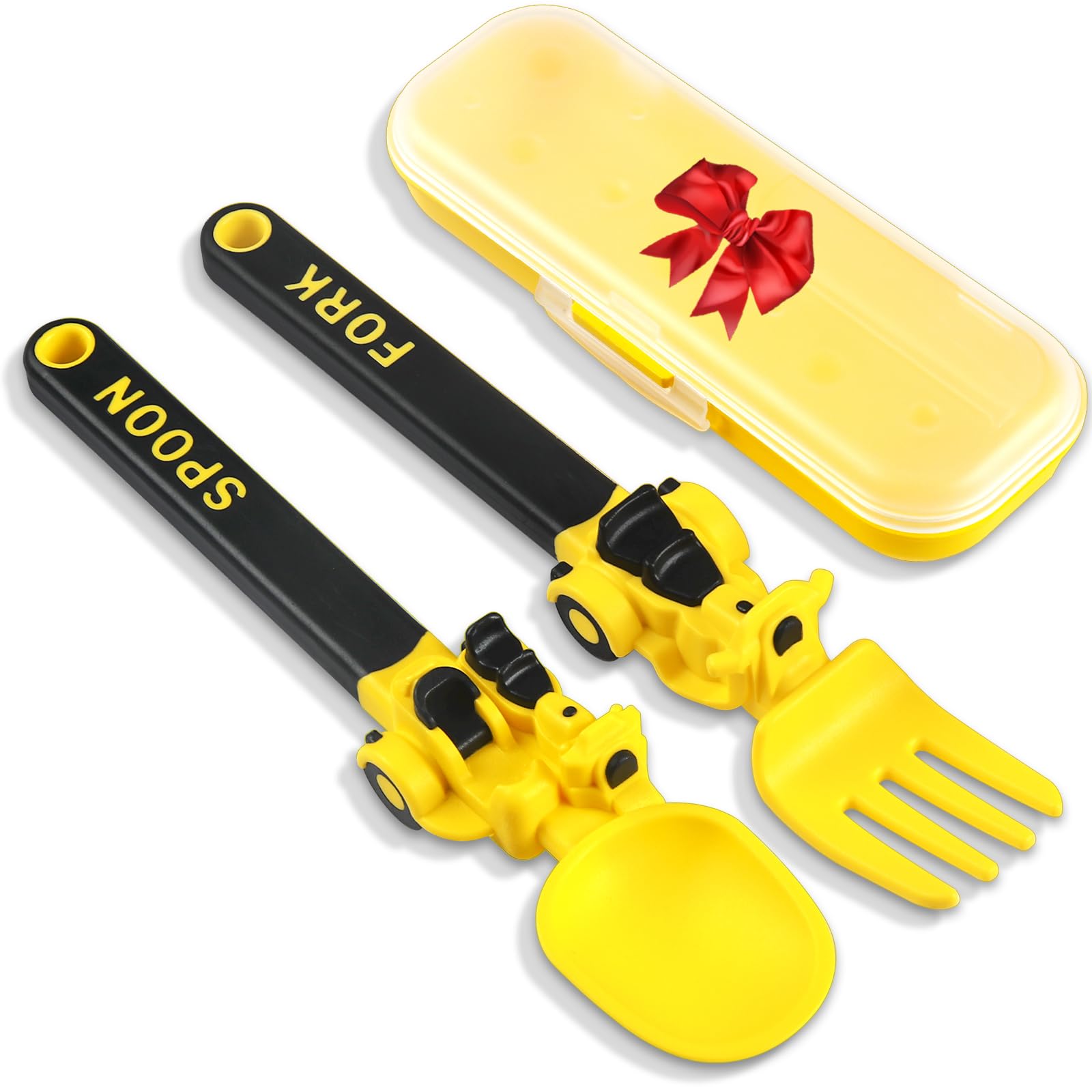 Deinyi construction-utensils toddler yellow fork-spoon set for easy meals.