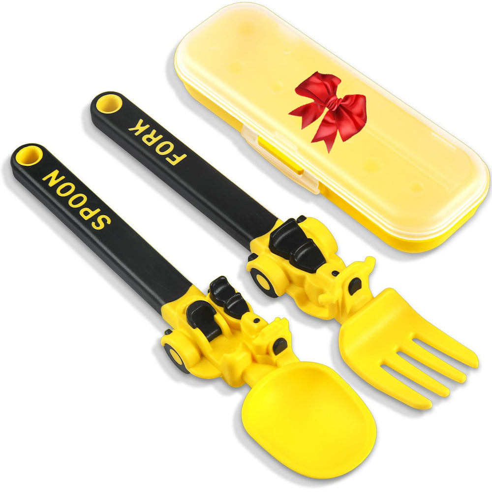 Deinyi construction-utensils toddler yellow fork-spoon set for easy meals.