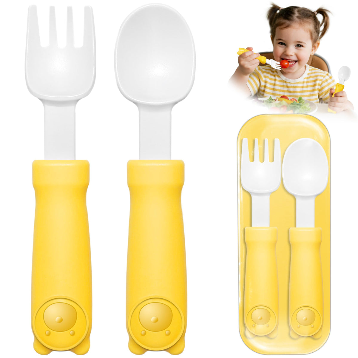 Deinyi toddler utensils yellow packaging ready for easy mealtime setup