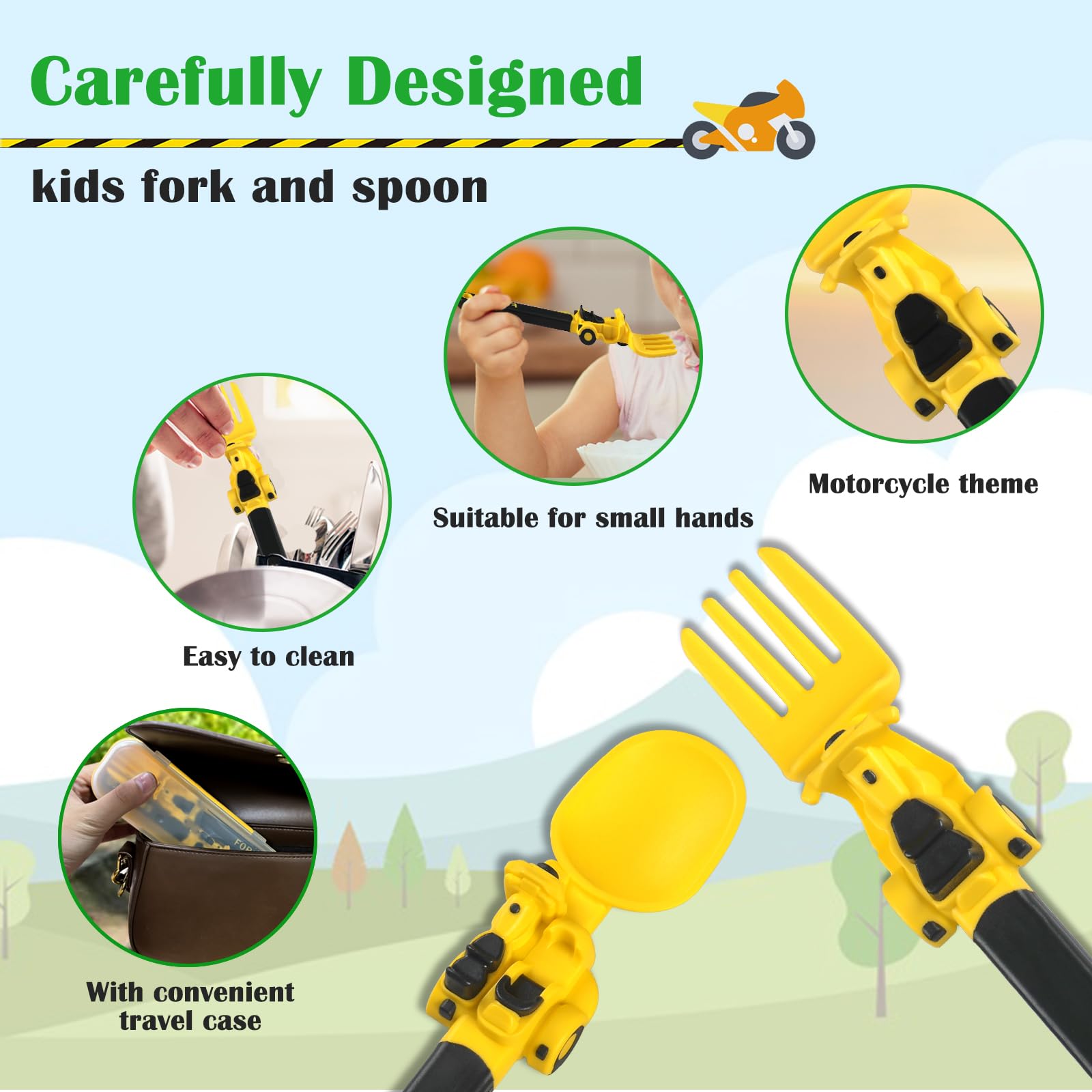 Deinyi yellow car-themed design boosts mealtime curiosity.