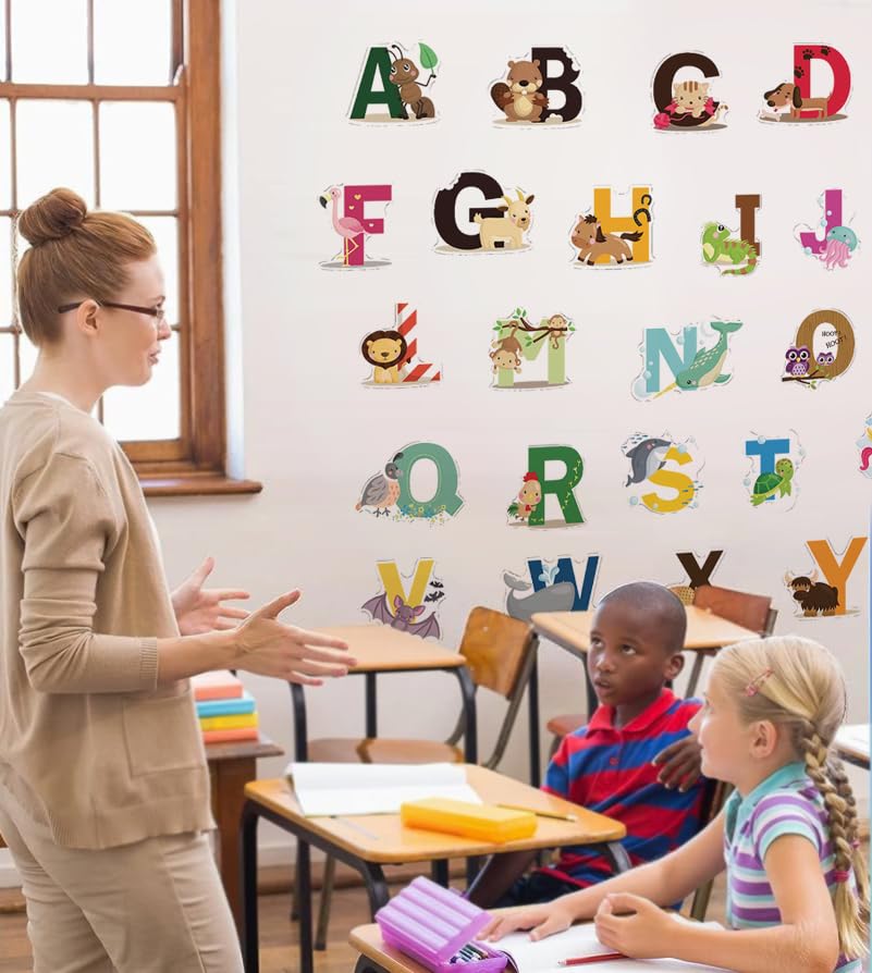 DEKOSH animal figures decorate walls while supporting letter recognition.