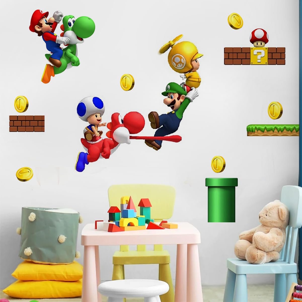 DEKOSH Mario wall decal creates a lively Mario World backdrop.