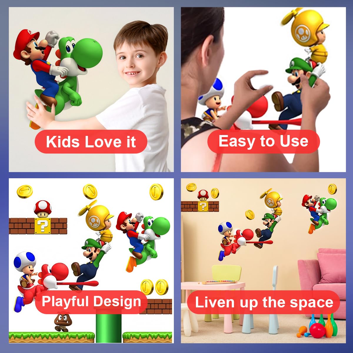 DEKOSH peel-and-stick Mario wall decal enables quick, reusable room decorating.