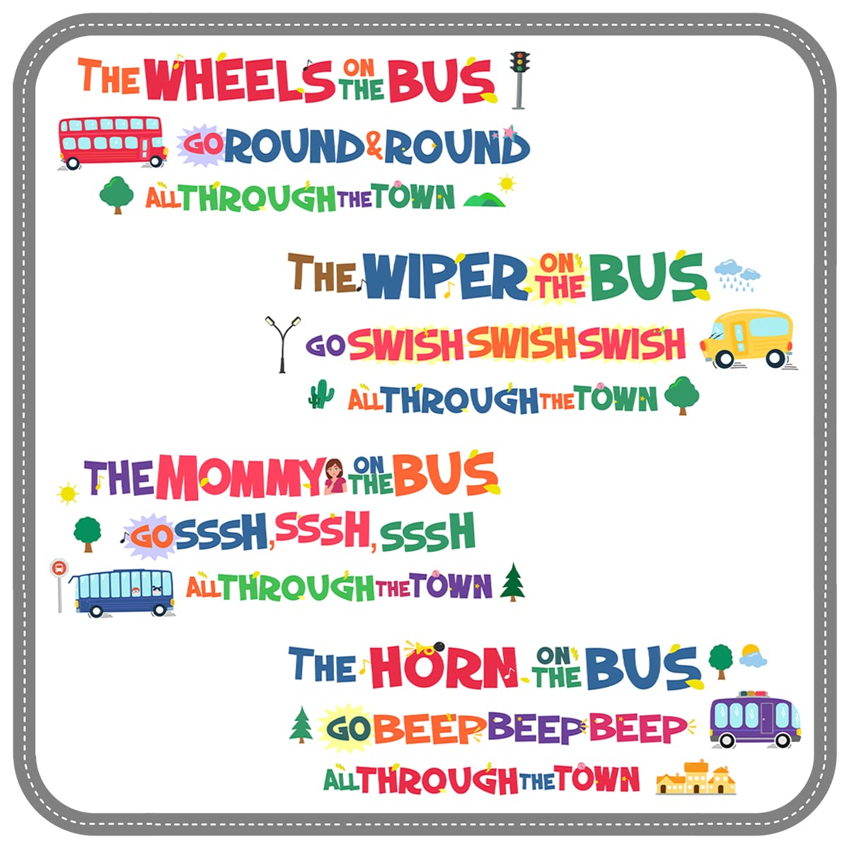 DEKOSH Wheels on the Bus wall decal features colorful buses for imaginative kids room decor