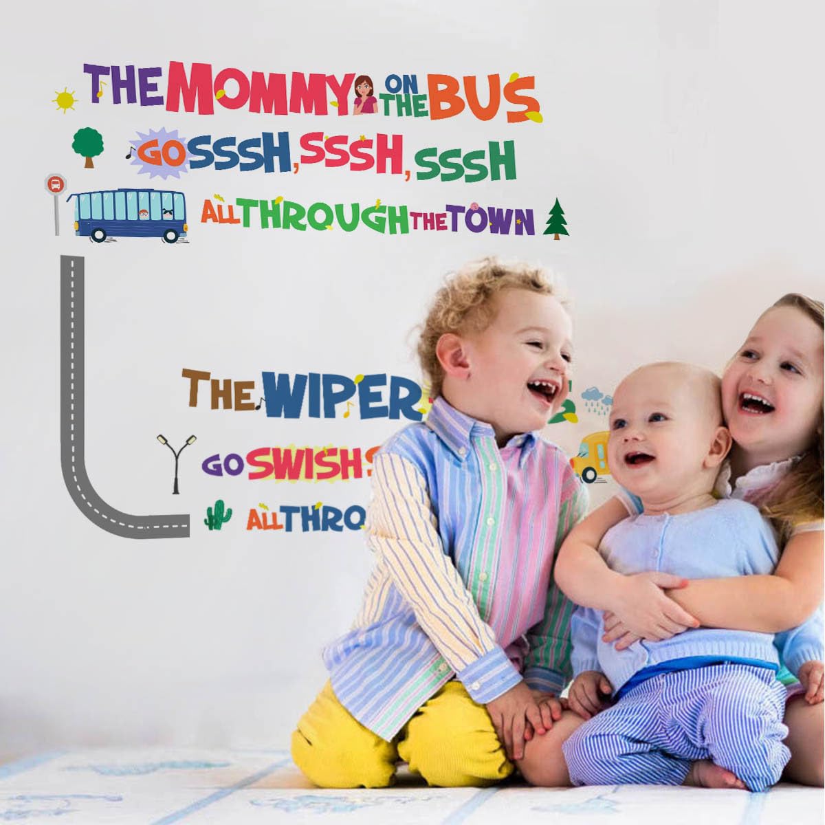 DEKOSH Wheels on the Bus wall decal adds cheerful color to boys and girls bedrooms