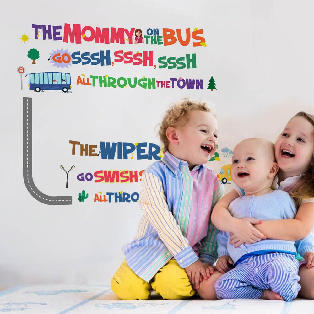 DEKOSH Wheels on the Bus wall decal adds cheerful color to boys and girls bedrooms