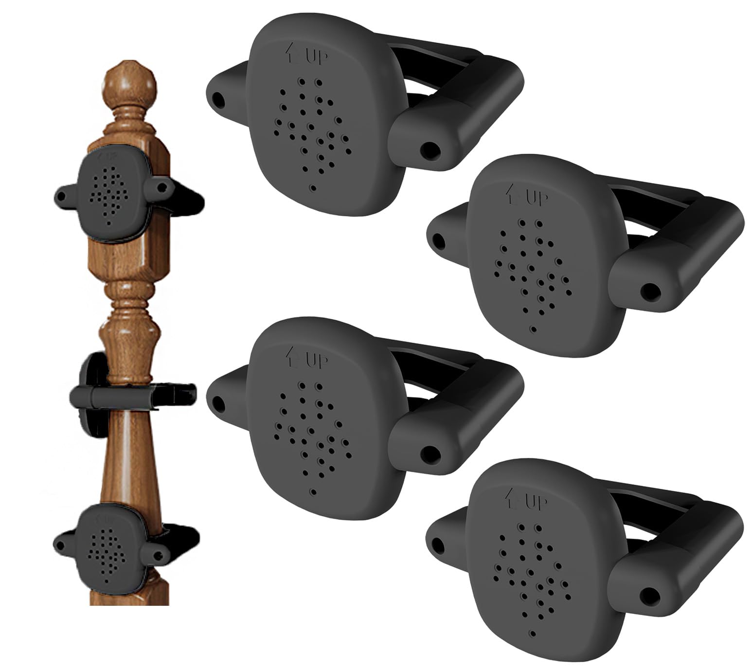 Della Stella banister adapter top view shows damage-free setup for baby gates.