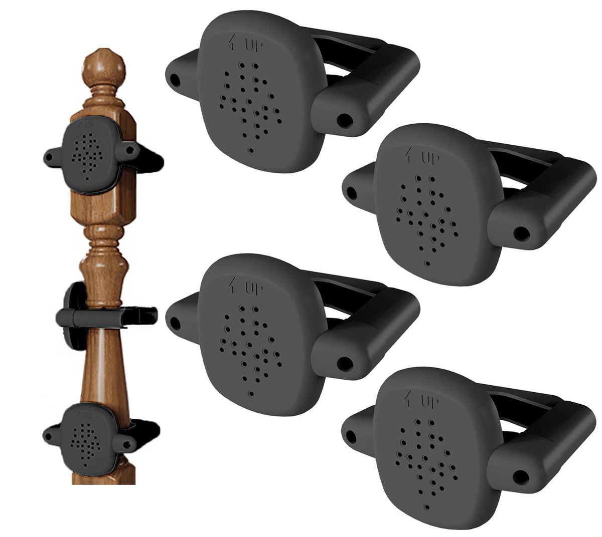 Della Stella banister adapter top view shows damage-free setup for baby gates.