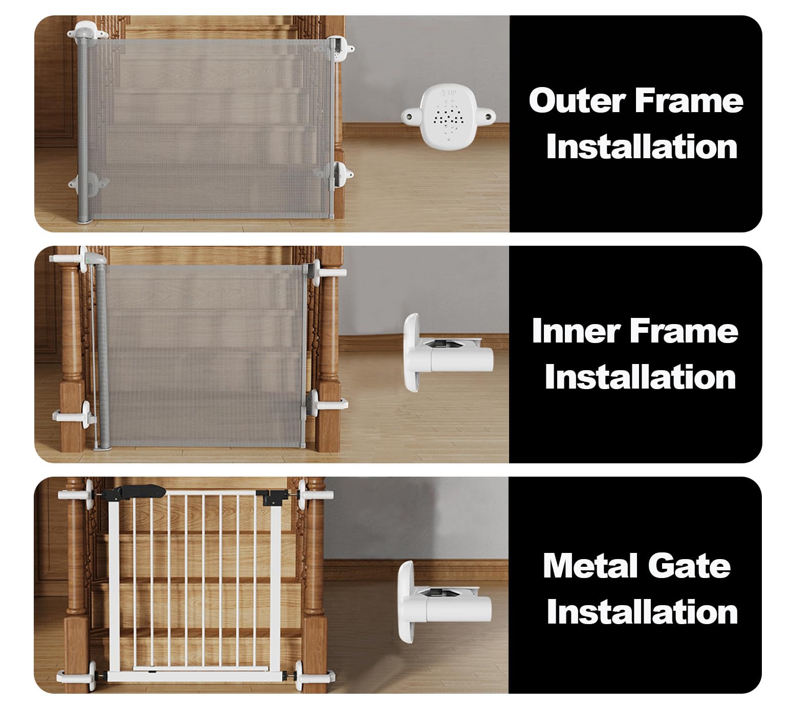 Della Stella complete 4-piece kit supports dual-location mounting on stairs.