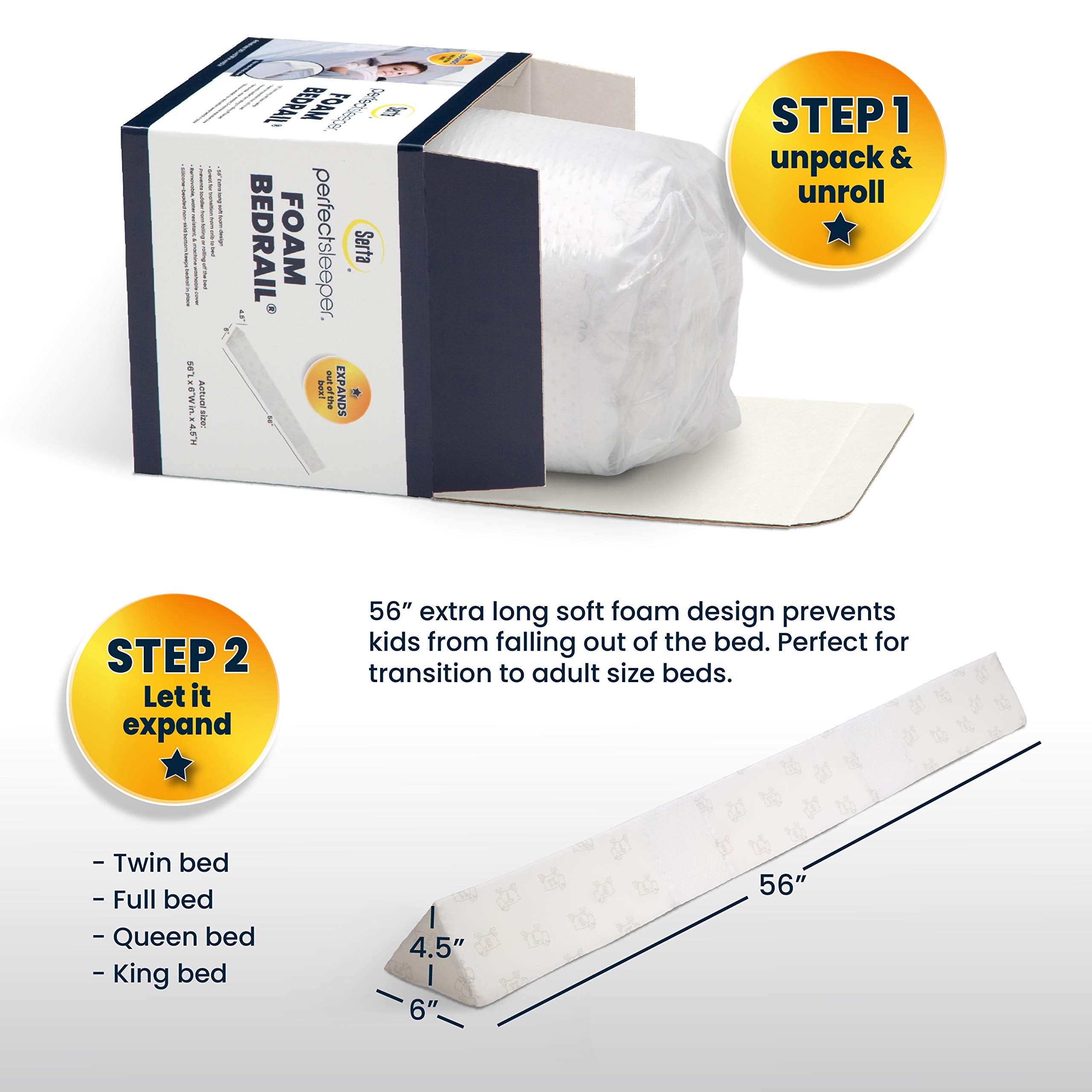 Delta Children bedrail measures 56 inches and provides gentle edge protection.