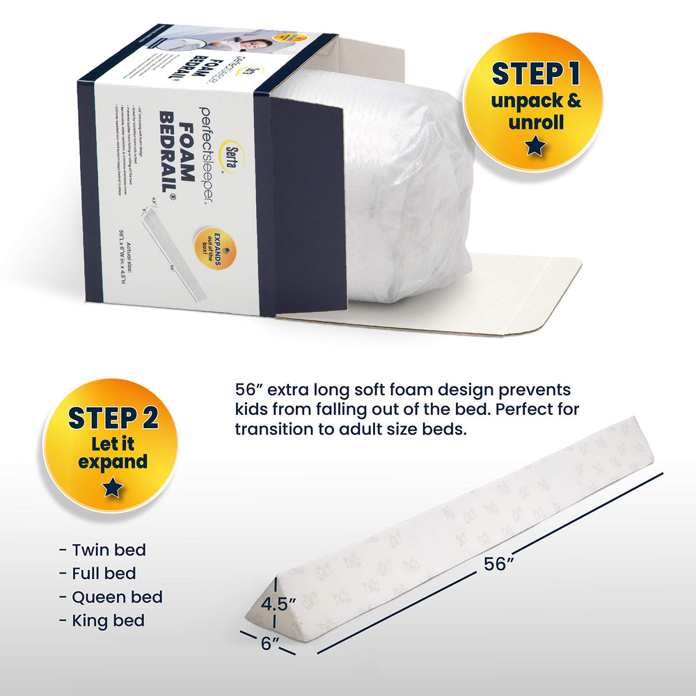 Delta Children bedrail measures 56 inches and provides gentle edge protection.