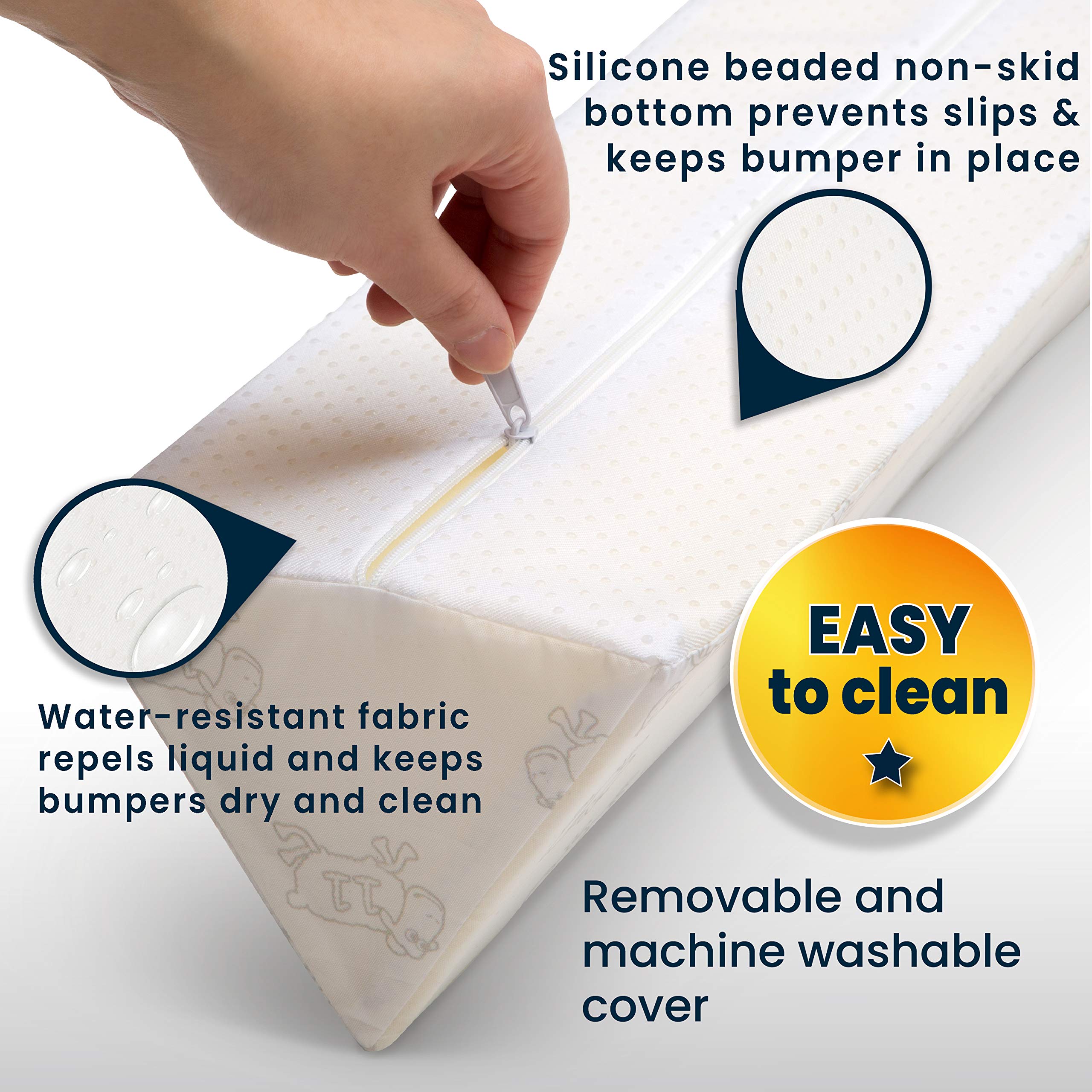Delta Children bedrail water-resistant cover, removable for easy cleaning.