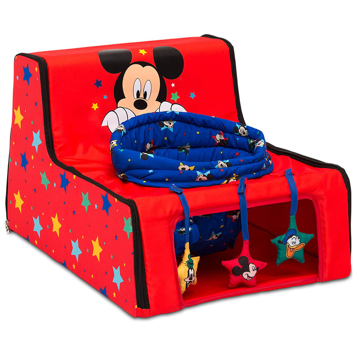 Delta Children Disney Mickey Sit N Play seat front view with upright baby seating and engaging toys.