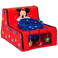 Delta Children Disney Mickey Sit N Play seat front view with upright baby seating and engaging toys.