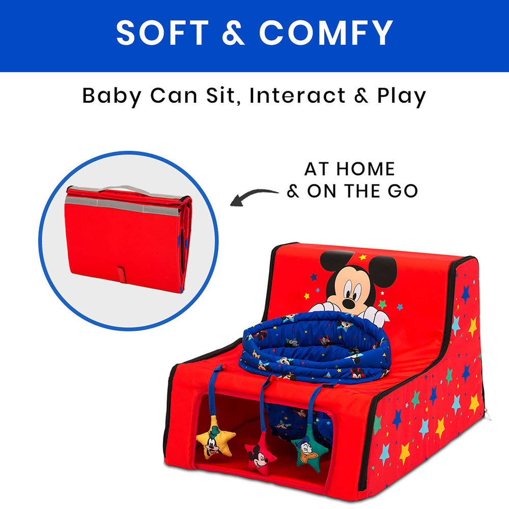 Delta Children Disney Mickey Sit N Play seat side view showing portable fold-and-go design.