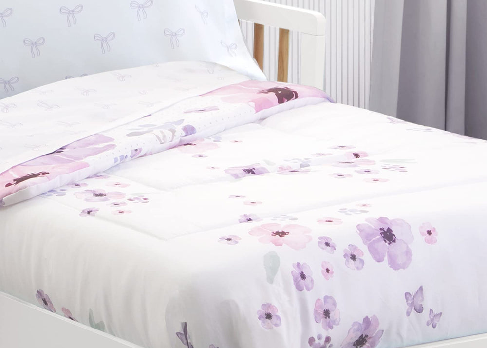 Delta Children standard pillowcase matches the Purple Bouquet print and is easy to care for.