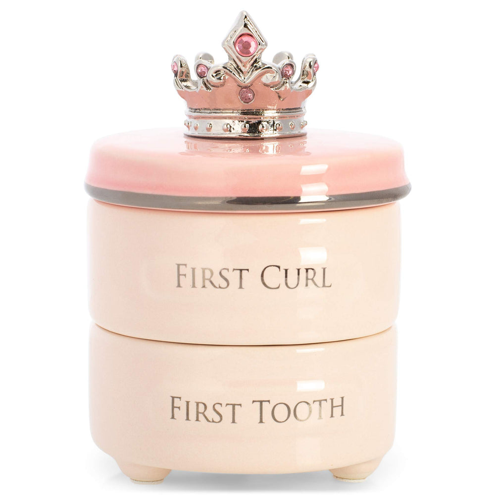 DEMDACO first tooth and curl pink ceramic keepsake box lid crown with pink jewels for treasured memories.