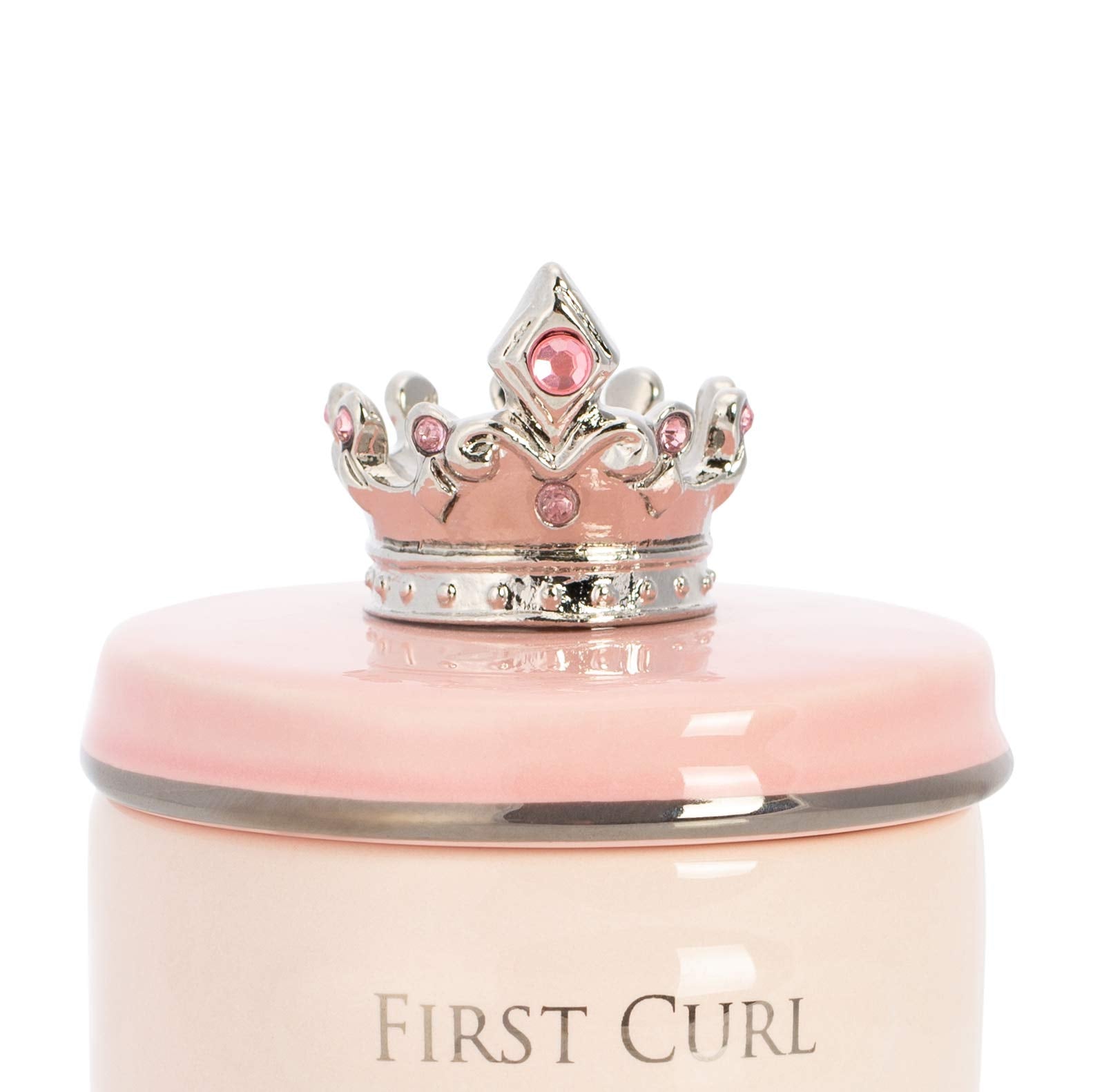 DEMDACO first tooth and curl pink ceramic keepsake box top view shows elegant design and crown lid.