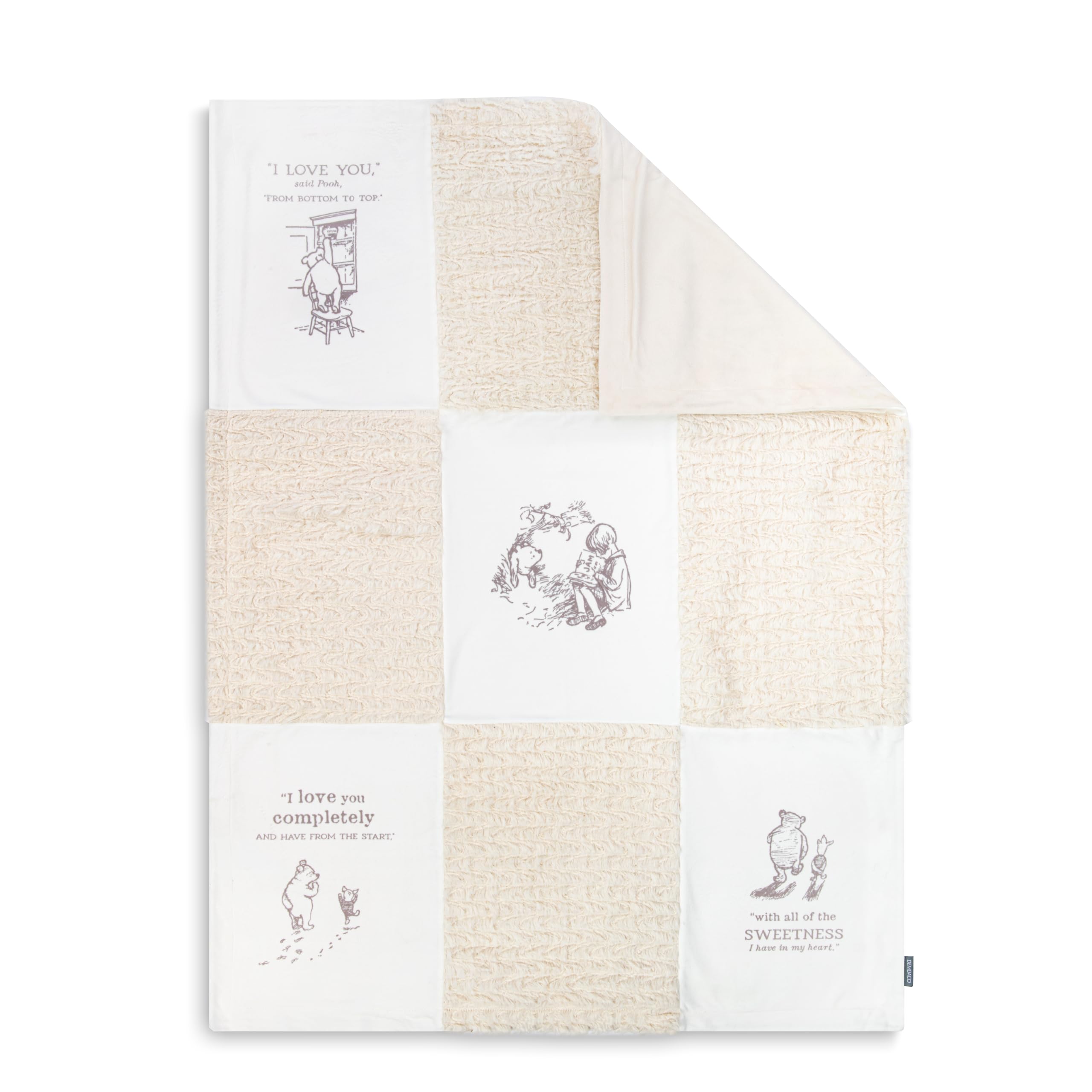 DEMDACO Pooh Classic Yellow Bear blanket featuring I Love You sentiment for comforting moments.