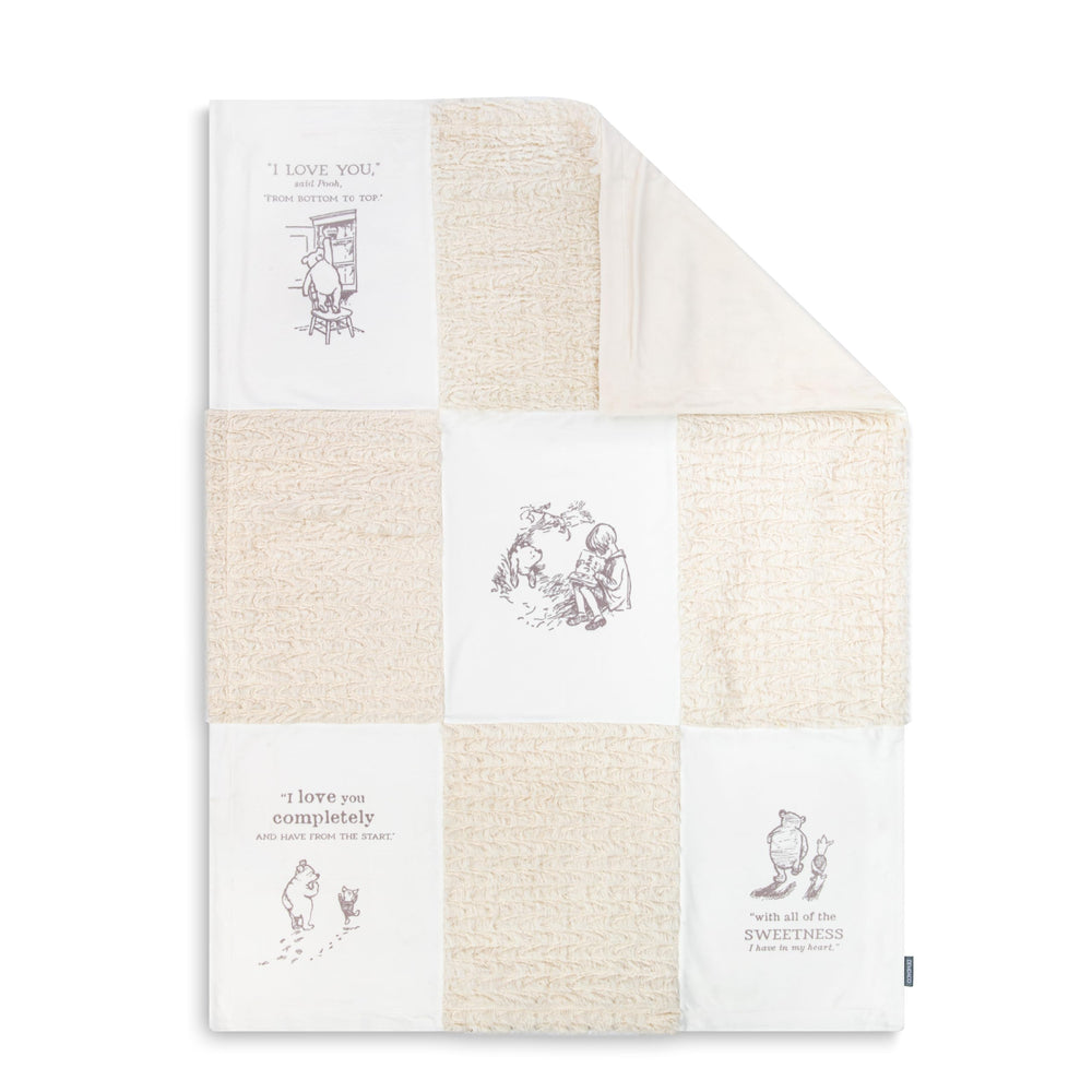 DEMDACO Pooh Classic Yellow Bear blanket featuring I Love You sentiment for comforting moments.