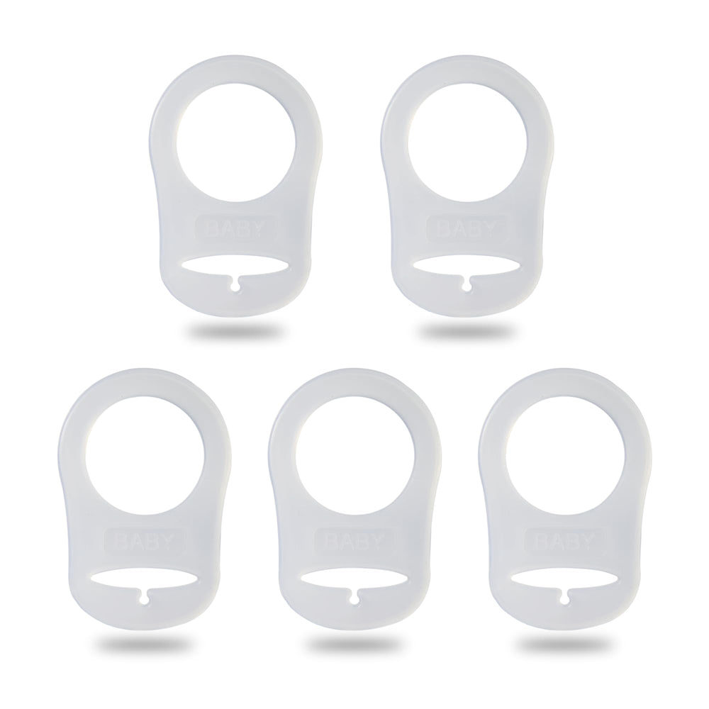 Demearly pacifier clip adapter ring close-up with food-grade silicone, safe for chewing.