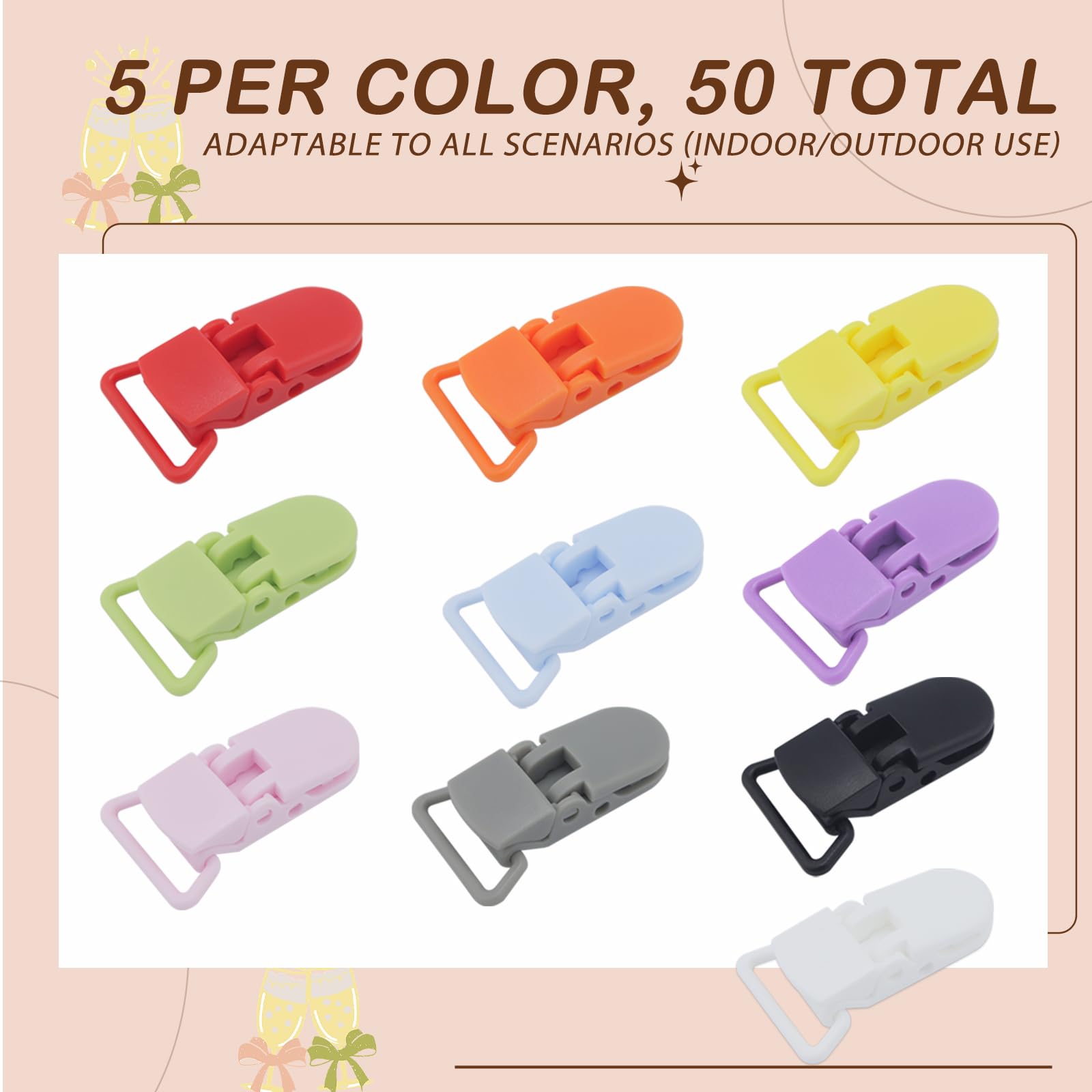 Demearly pacifier clip ends with attachment options for ribbons and fabric straps.