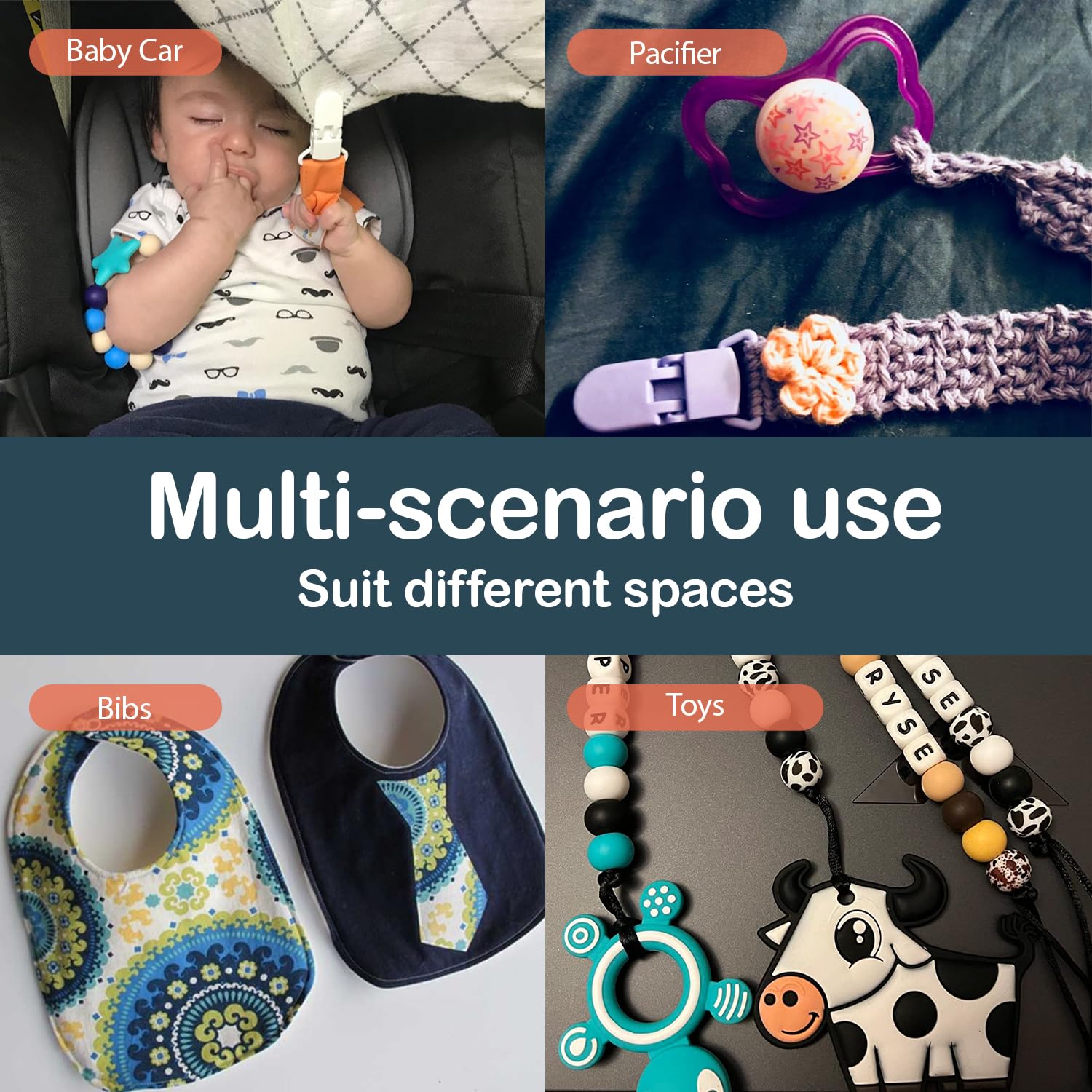 Demearly pacifier clip ends demonstrate stroller-attachment for on-the-go convenience.