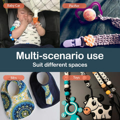 Demearly pacifier clip ends demonstrate stroller-attachment for on-the-go convenience.