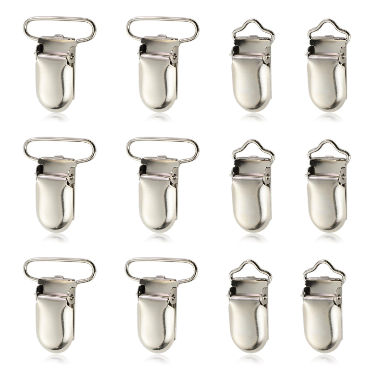Demearly pacifier clip metal fasteners closeup showing secure grip on fabrics