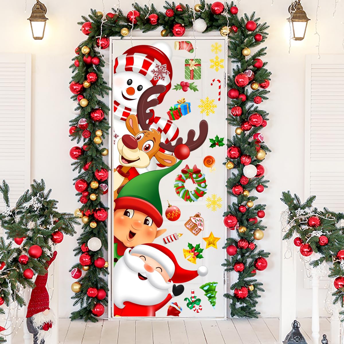 Demonwer Christmas door sticker with Santa and elves for festive front-door decor