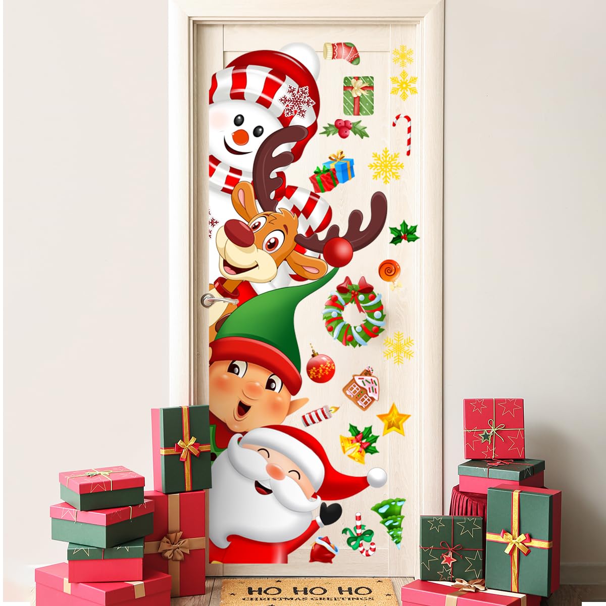 Demonwer door sticker with snowman and elk brightens walls for playrooms