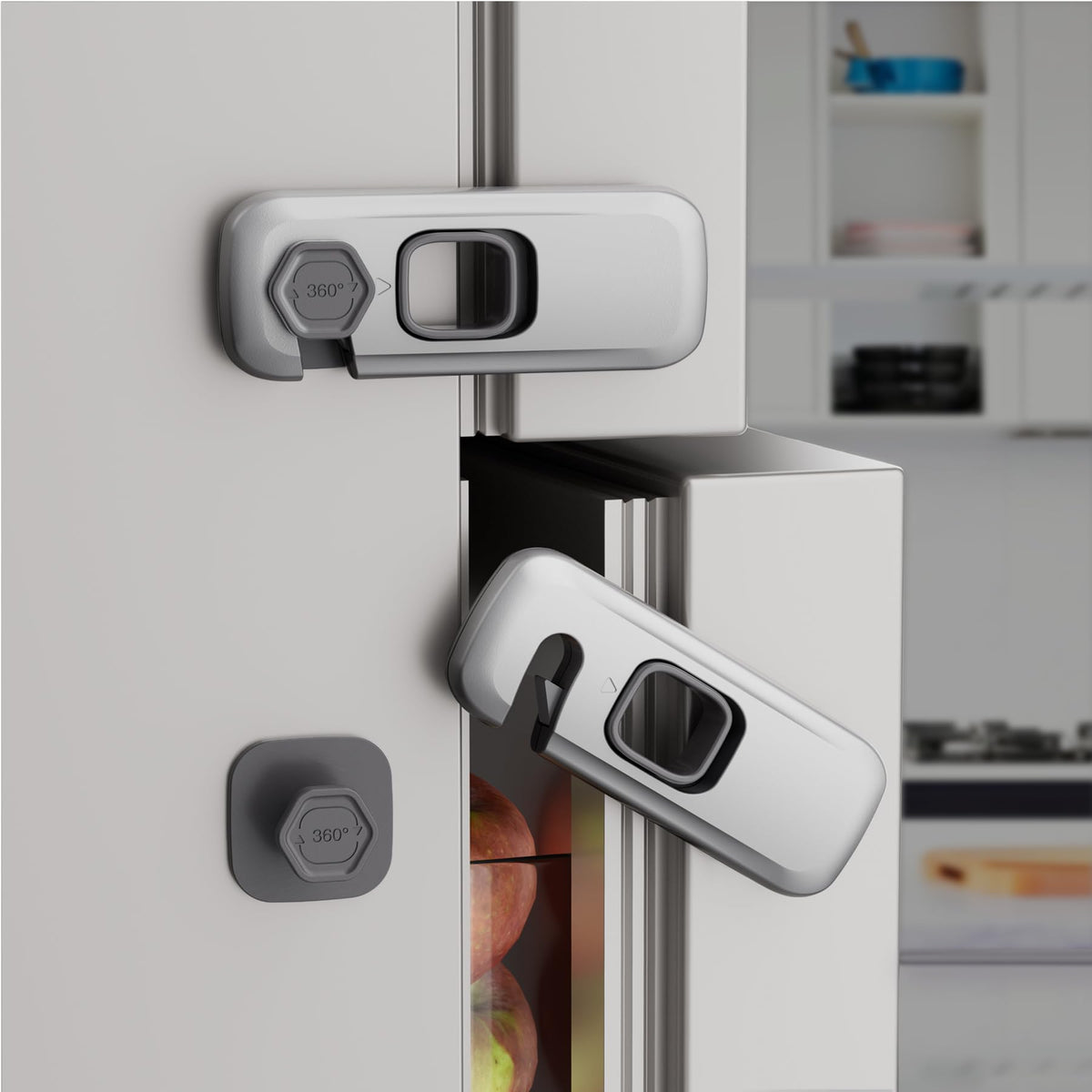 DENENTT 5-pack cabinet locks packaging demonstrates versatile safety for cabinets and appliances.