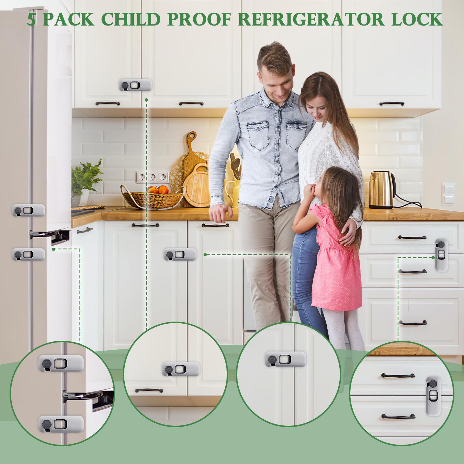 DENENTT installed on drawer and cabinet demonstrate quick, tool-free safety for curious kids.
