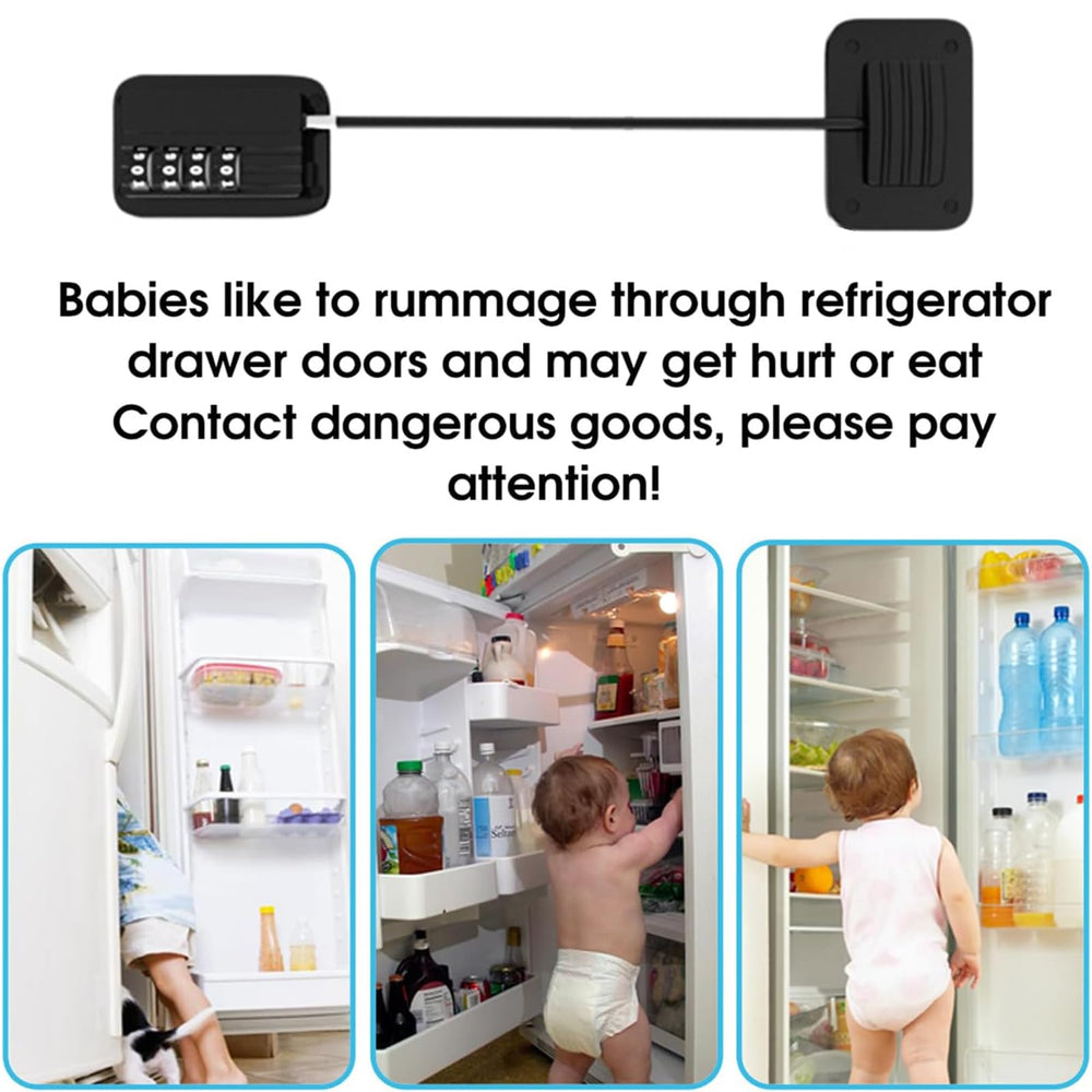 DENENTT multi-purpose lock use showing fridge, cabinet, and window protection