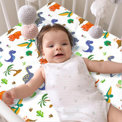 DengFengLai dinosaur pattern crib sheet close-up showing soft microfiber texture.