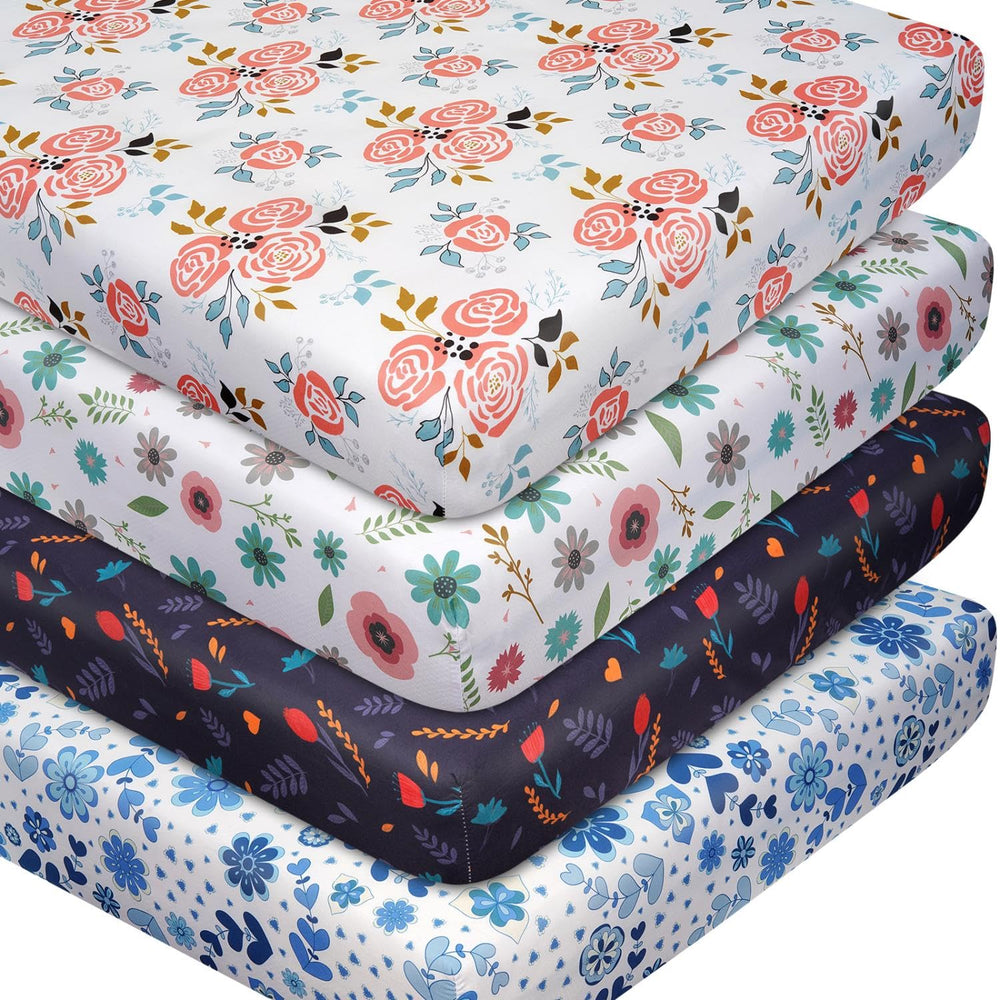 DengFengLai four-pack floral-pattern crib sheets highlight a cheerful nursery with silky-soft microfiber