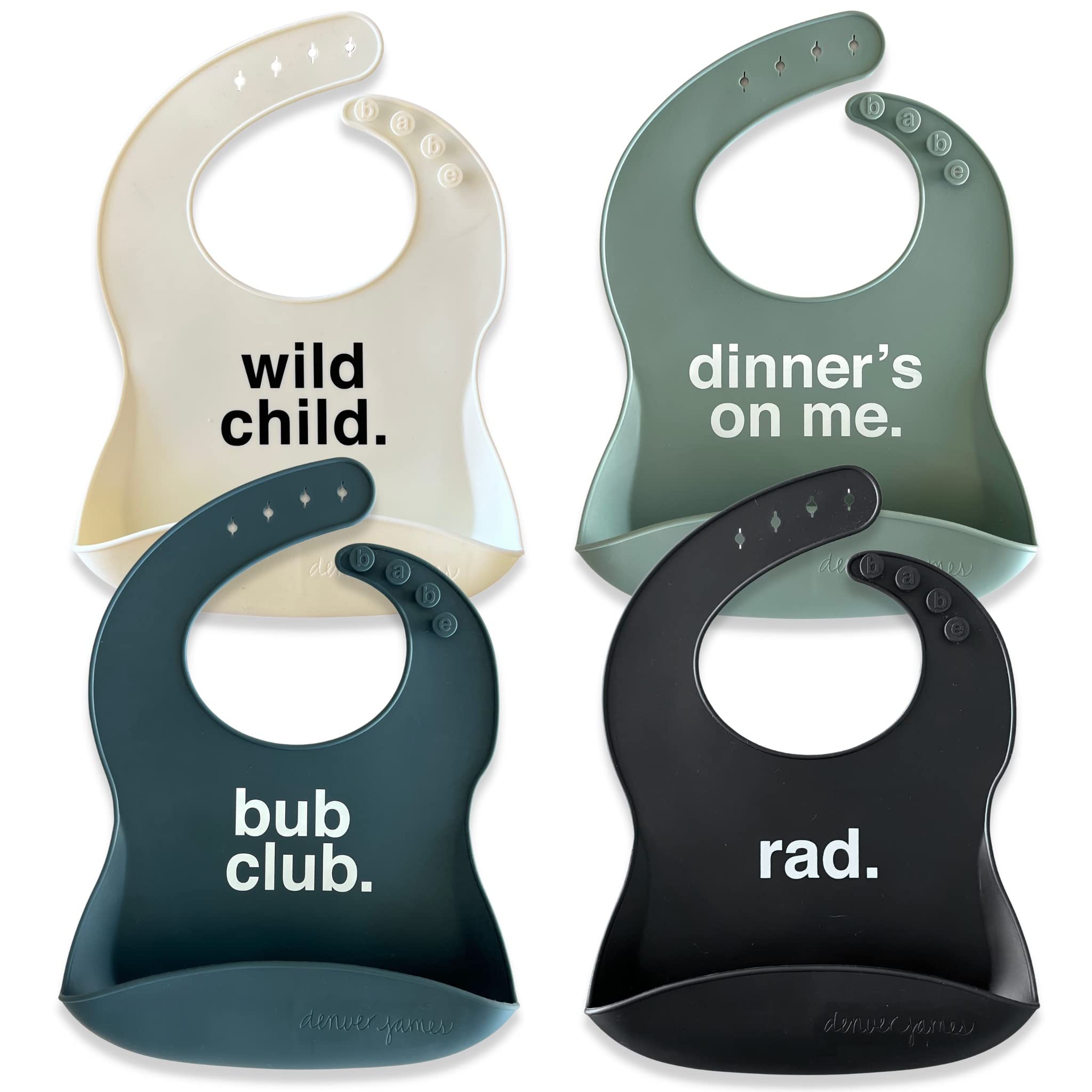 Denver James silicone feeding bib with embossed sayings keeps outfits clean during messier meals