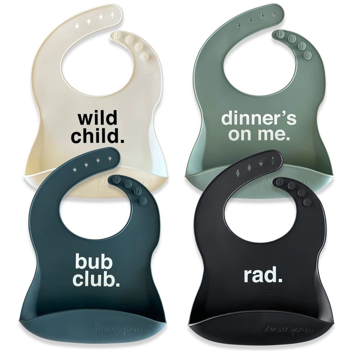 Denver James silicone feeding bib with embossed sayings keeps outfits clean during messier meals