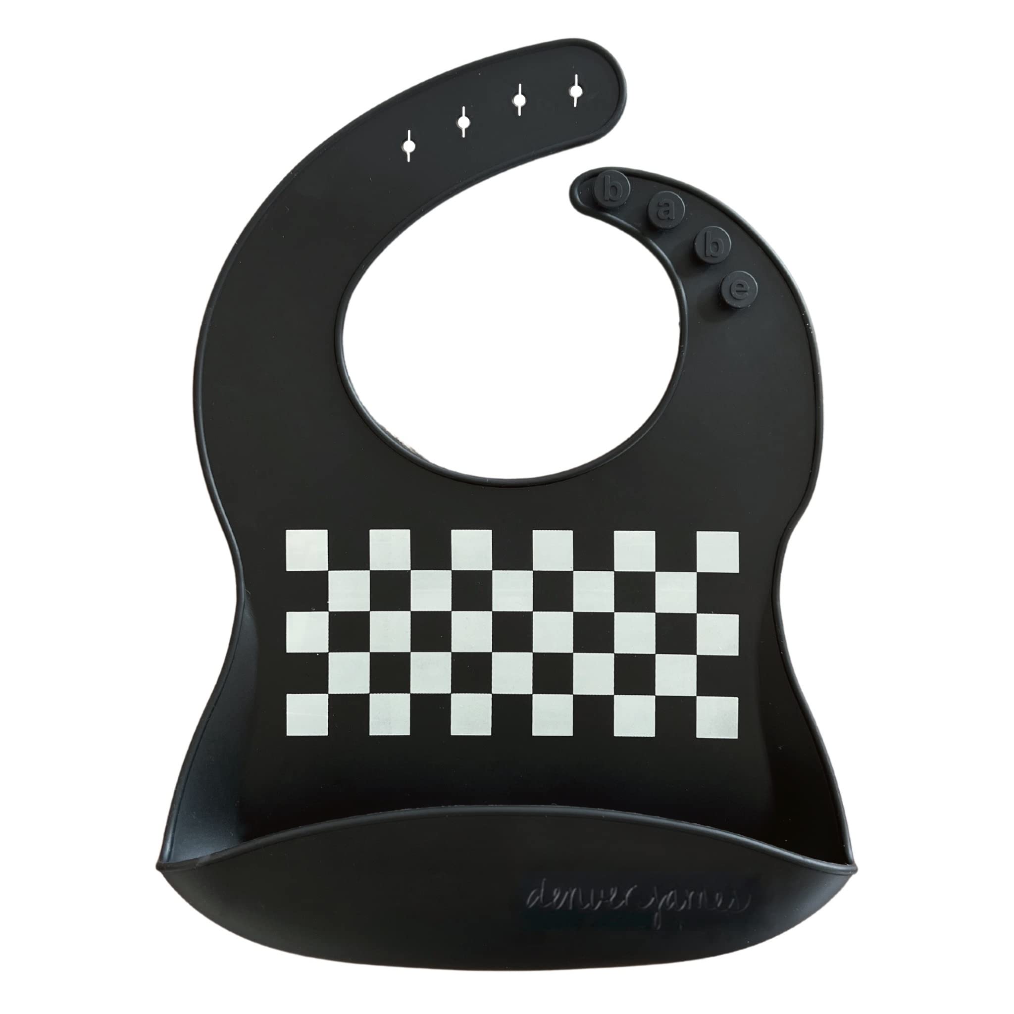 Denver James silicone feeding bib with embossed sayings enhances photo-worthy mealtimes and keeps clothes clean.